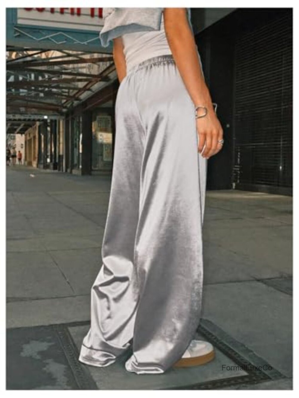 Wide Leg Satin Pants Elastic Waist Y2k Baggy Low Rise Long Trousers - Picture 3 of 4
